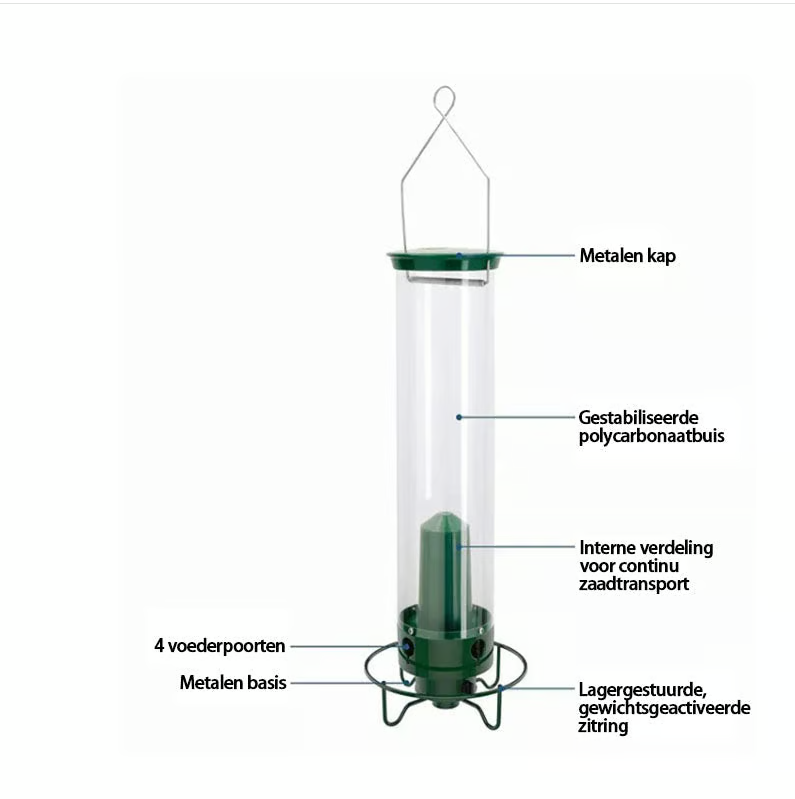 "Distributeur de graines robuste et antiecureuil pour jardin, design innovant garantissant l'accès uniquement aux oiseaux."