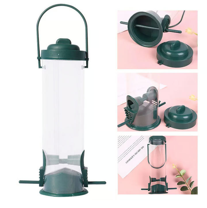 "Distributeur de graines robuste et antiecureuil pour jardin, design innovant garantissant l'accès uniquement aux oiseaux."