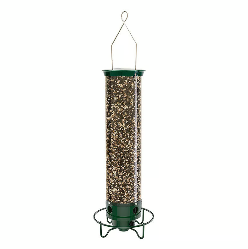"Distributeur de graines robuste et antiecureuil pour jardin, design innovant garantissant l'accès uniquement aux oiseaux."