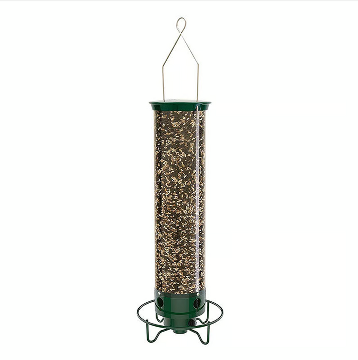 "Distributeur de graines robuste et antiecureuil pour jardin, design innovant garantissant l'accès uniquement aux oiseaux."