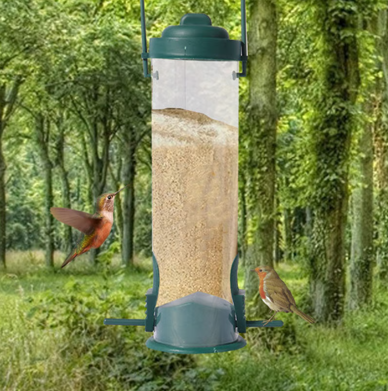 "Distributeur de graines robuste et antiecureuil pour jardin, design innovant garantissant l'accès uniquement aux oiseaux."