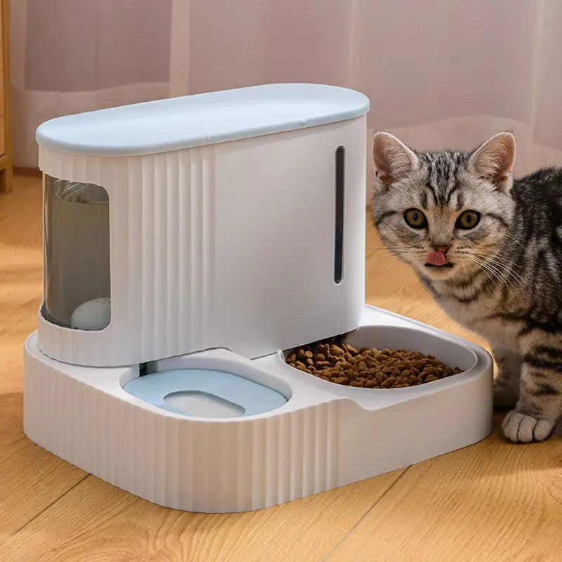 Distributeur double pour animaux: eau et nourriture. Design moderne et élégant. Grande capacité. Nettoyage facile.