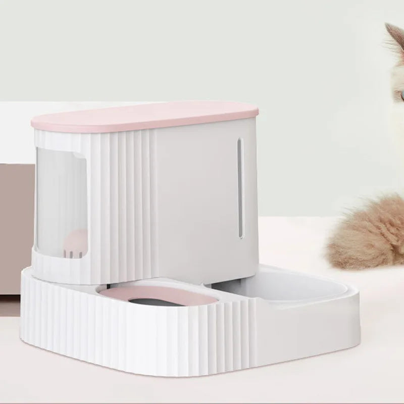 Distributeur double pour animaux: eau et nourriture. Design moderne et élégant. Grande capacité. Nettoyage facile.