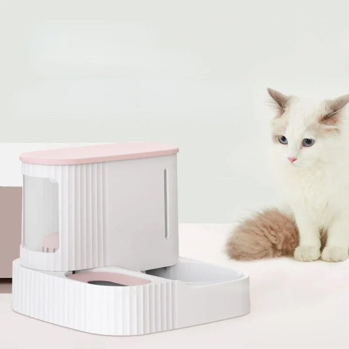 Distributeur double pour animaux: eau et nourriture. Design moderne et élégant. Grande capacité. Nettoyage facile.