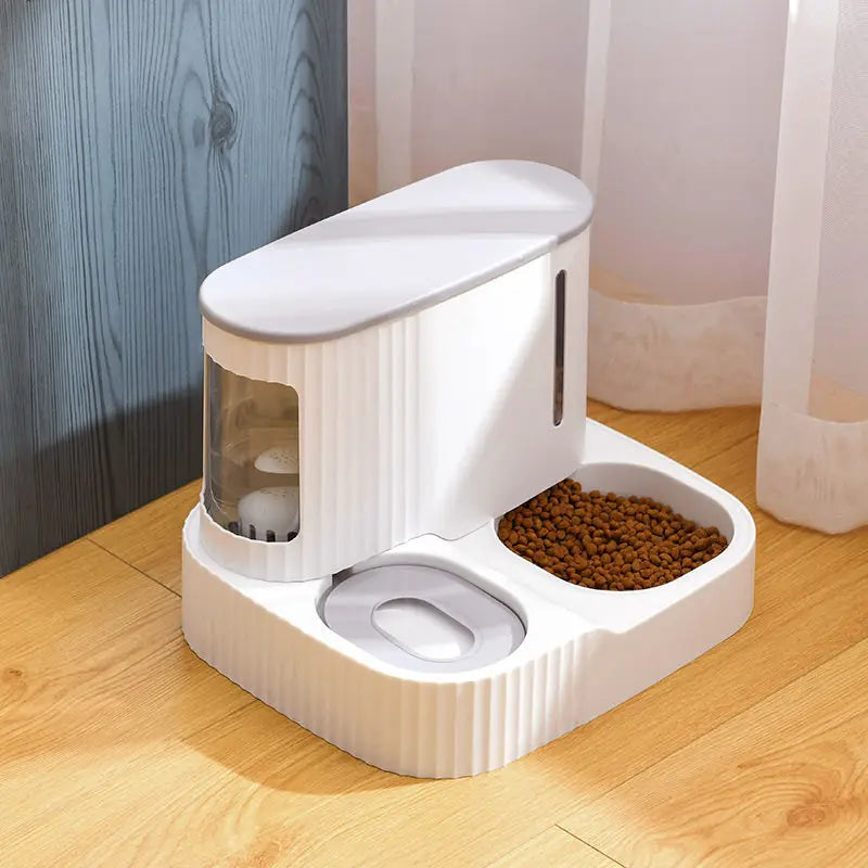 Distributeur double pour animaux: eau et nourriture. Design moderne et élégant. Grande capacité. Nettoyage facile.