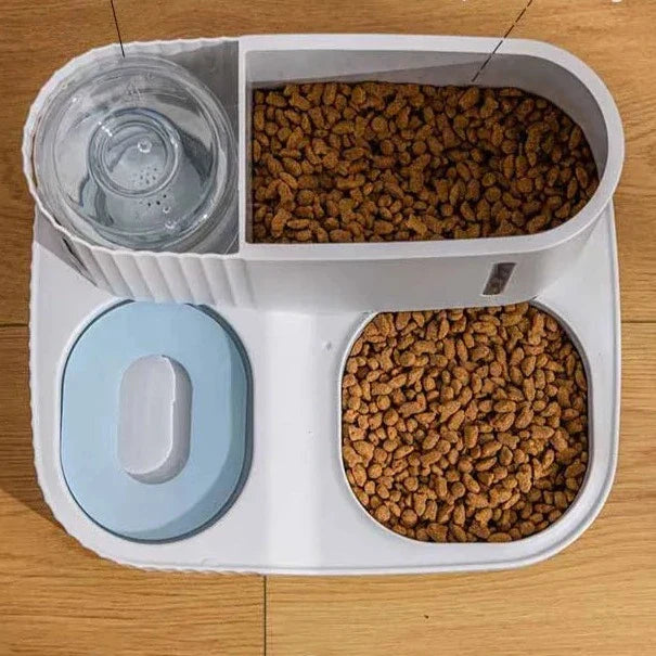 Distributeur double pour animaux: eau et nourriture. Design moderne et élégant. Grande capacité. Nettoyage facile.