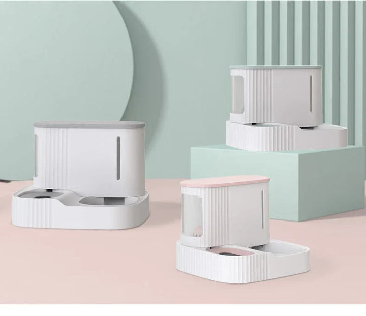 Distributeur double pour animaux: eau et nourriture. Design moderne et élégant. Grande capacité. Nettoyage facile.