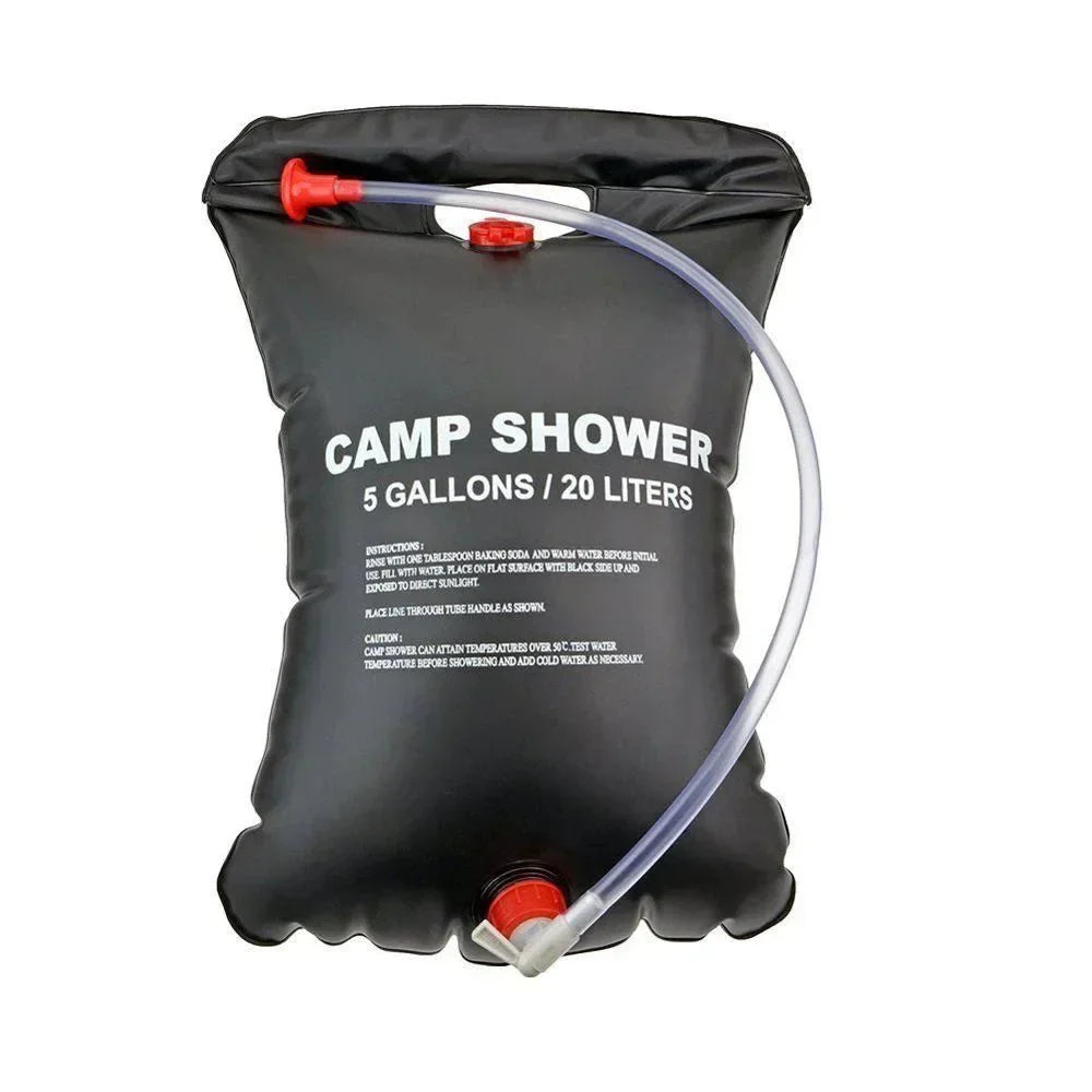 Douche solaire portable 20 L noire, compacte, suspendue en extérieur, idéale pour camping et randonnée, chauffe l'eau au sole