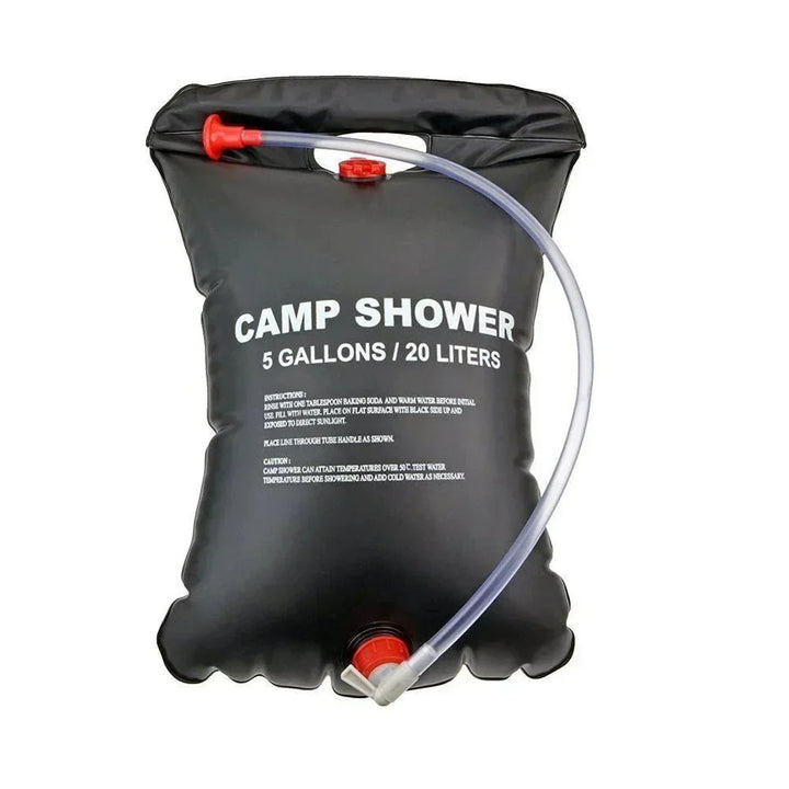 Douche solaire portable 20 L noire, compacte, suspendue en extérieur, idéale pour camping et randonnée, chauffe l'eau au sole