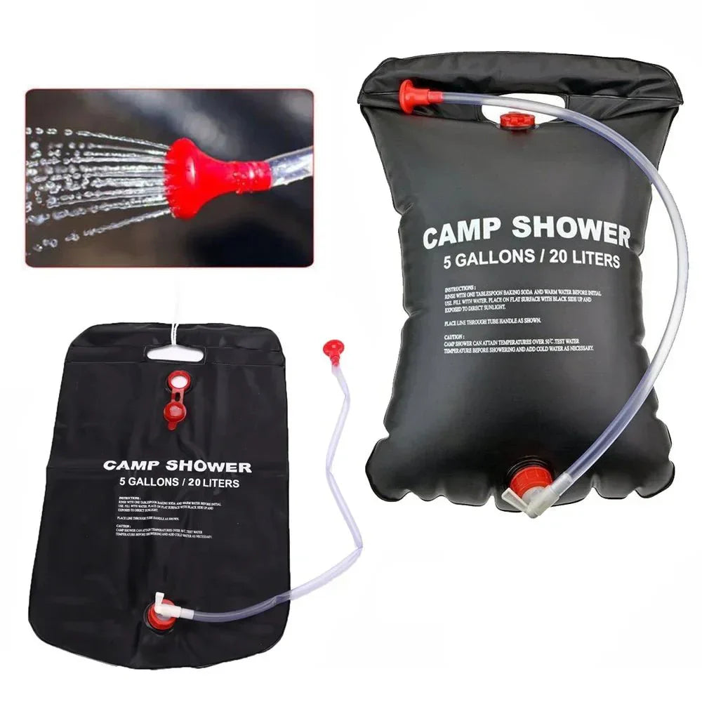 Douche solaire portable 20 L noire, compacte, suspendue en extérieur, idéale pour camping et randonnée, chauffe l'eau au sole
