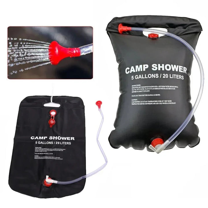 Douche solaire portable 20 L noire, compacte, suspendue en extérieur, idéale pour camping et randonnée, chauffe l'eau au sole