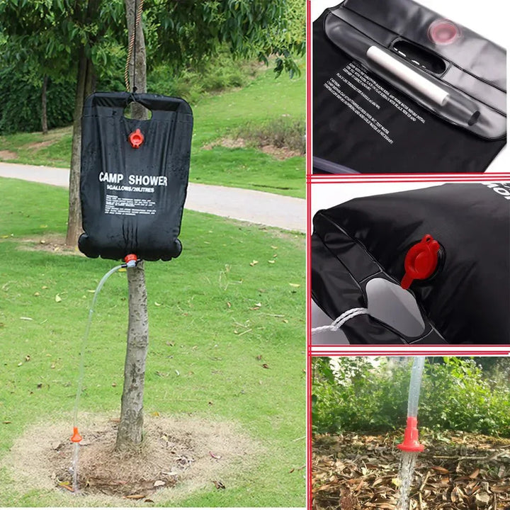 Douche solaire portable 20 L noire, compacte, suspendue en extérieur, idéale pour camping et randonnée, chauffe l'eau au sole
