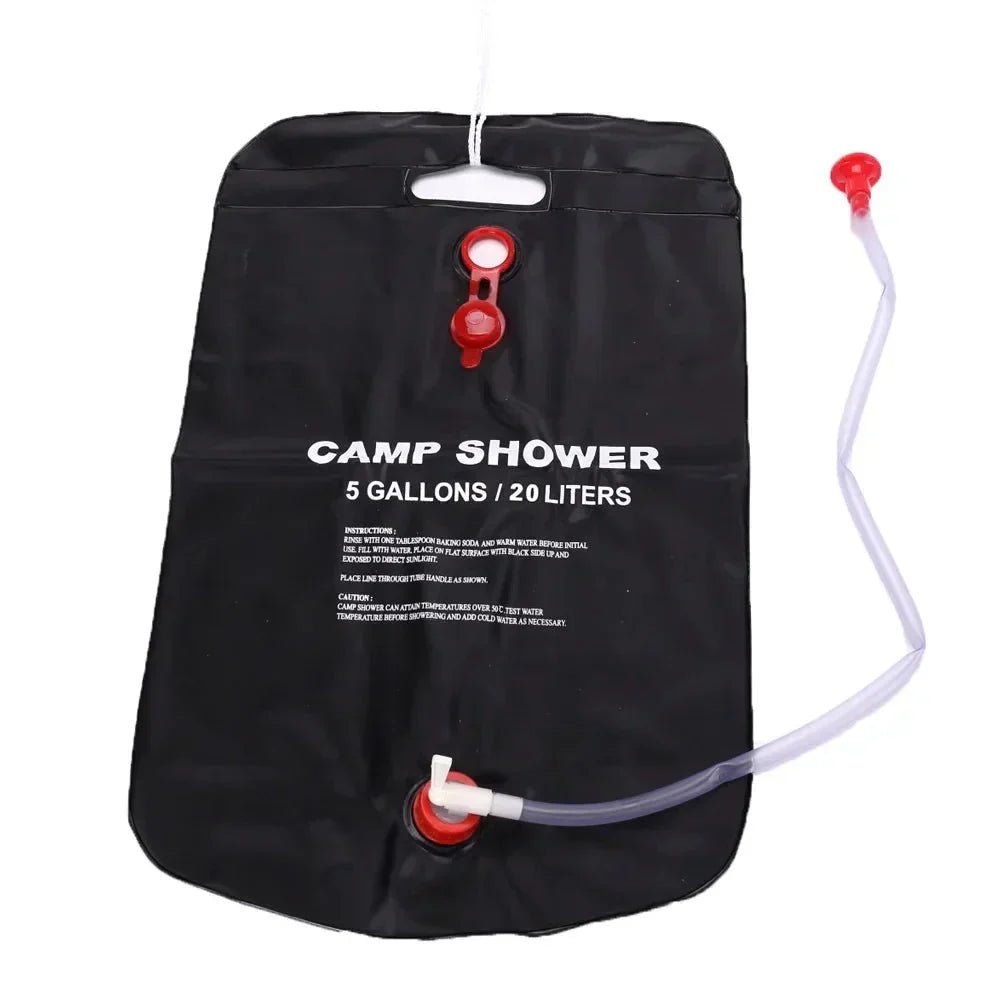 Douche solaire portable 20 L noire, compacte, suspendue en extérieur, idéale pour camping et randonnée, chauffe l'eau au sole