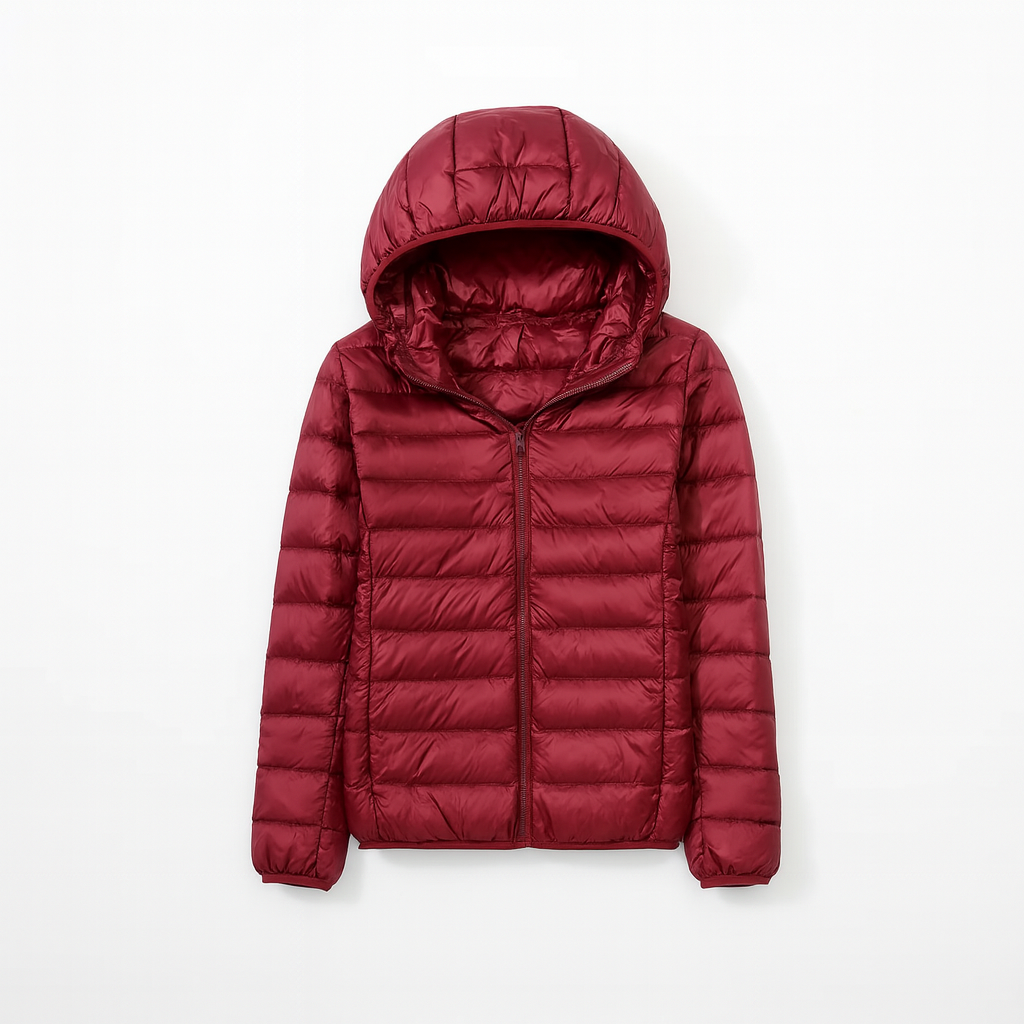 Doudoune femme chaude à capuche, vue de face, coupe régulière, idéale pour un hiver confortable.