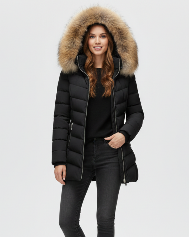 Veste doudoune femme élégante et chaude pour l'hiver, design matelassé chevron. Confort et mode assurés.