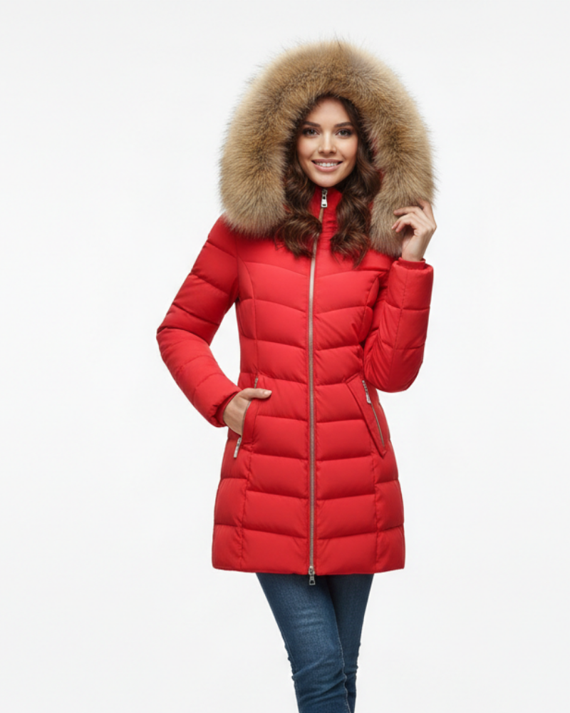 Doudoune femme hiver chic avec capuche amovible. Veste matelassée chevron, style décontracté ou élégant.