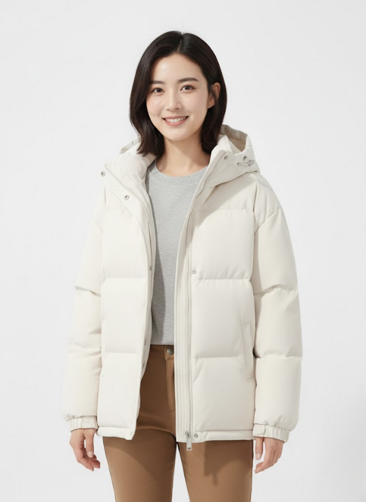 Doudoune femme à capuche vue de dos. Manteau léger et chaud, idéal pour la ville ou les voyages d'hiver. Confort garanti.