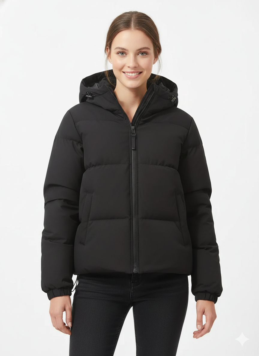 Détail de la doudoune femme : fermeture éclair robuste. Manteau léger à capuche, chaud et pratique pour l'hiver.