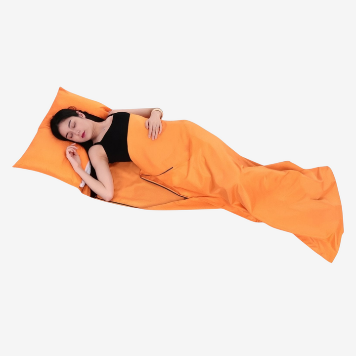 "Drap de sac de couchage léger et respirant pour bivouac, idéal pour aventures en plein air et trekking, structure douce."