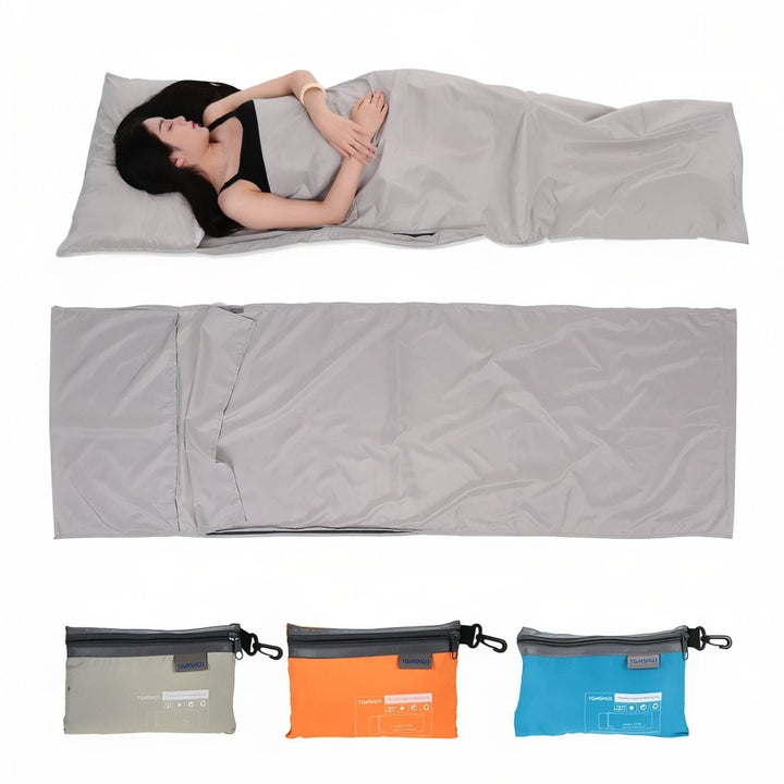 "Drap de sac de couchage léger et respirant pour bivouac, idéal pour aventures en plein air et trekking, structure douce."