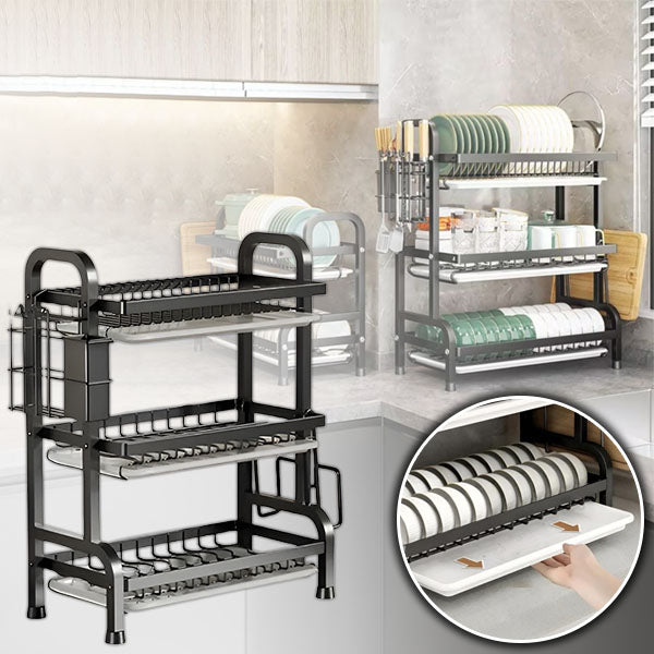 Égouttoir à vaisselle multi-niveaux élégant, structure verticale et stable, idéal pour espace cuisine réduit.