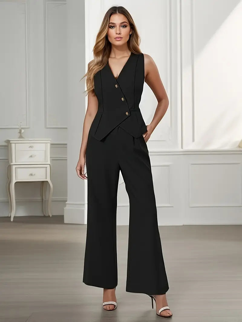 "Élégant ensemble pantalon Sophie pour femmes, coupe soignée et polyvalente, en noir, beige ou marron, style moderne."