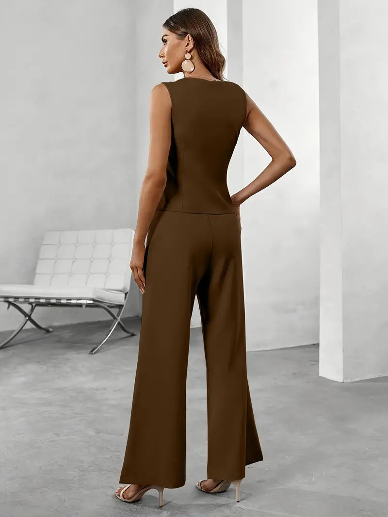 "Élégant ensemble pantalon Sophie pour femmes, coupe soignée et polyvalente, en noir, beige ou marron, style moderne."