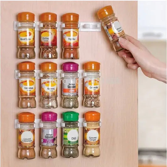 "Élégant organiseur d'épices à clipser, gain de place, pour cuisine ordonnée. Design compact, clips réglables."