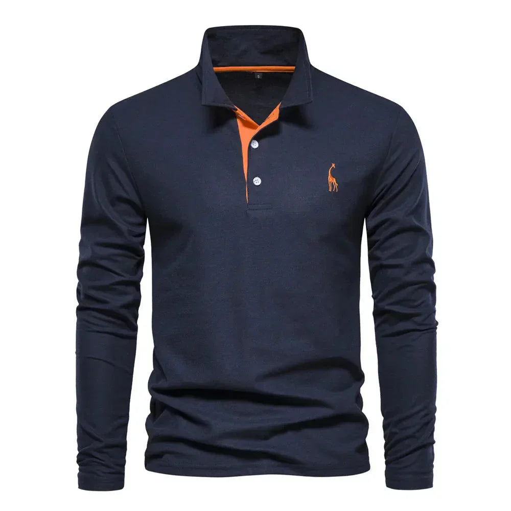 "Élégant polo à manches longues homme avec broderie, col classique, en coton respirant, coloris navy et orange."