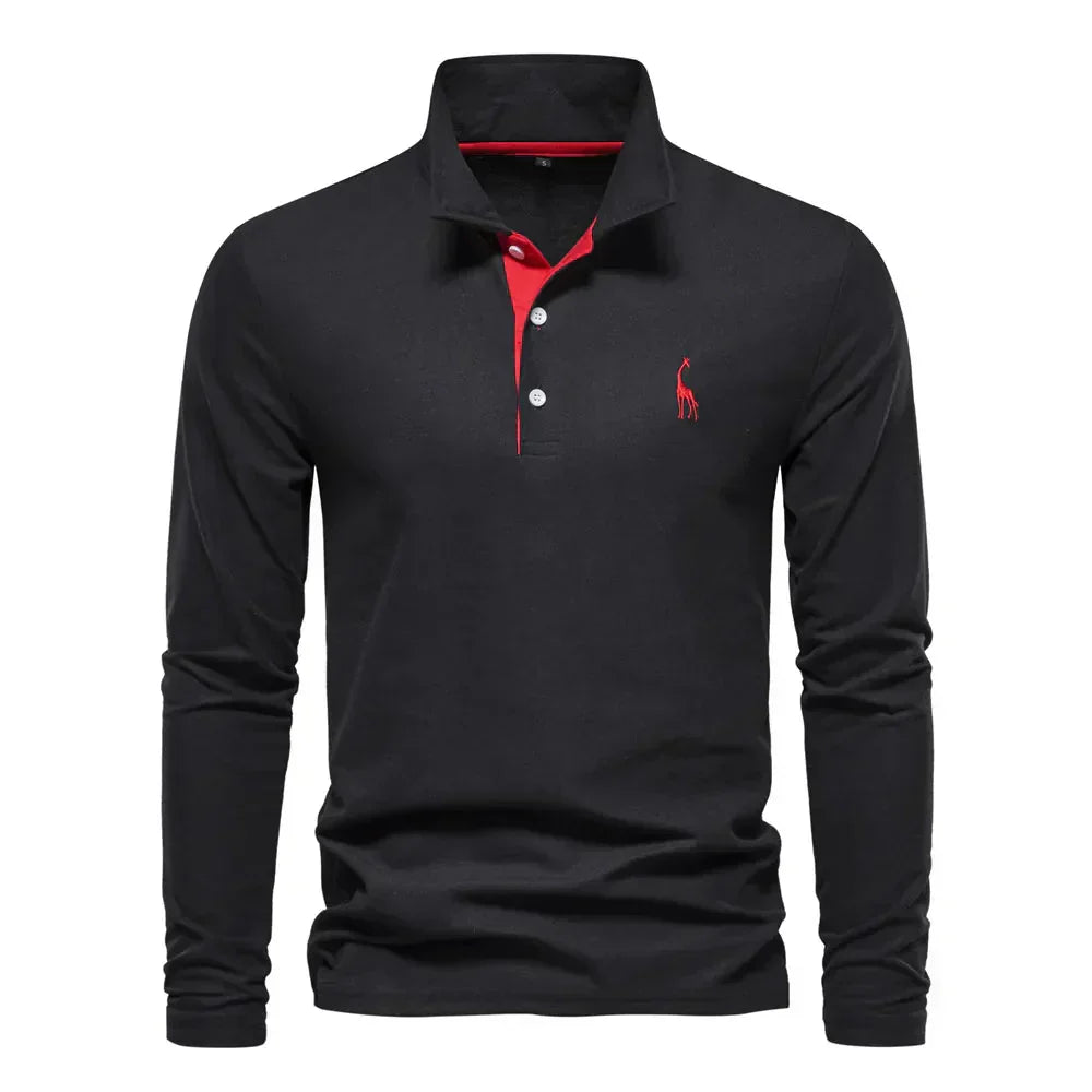 "Élégant polo à manches longues homme avec broderie, col classique, en coton respirant, coloris navy et orange."