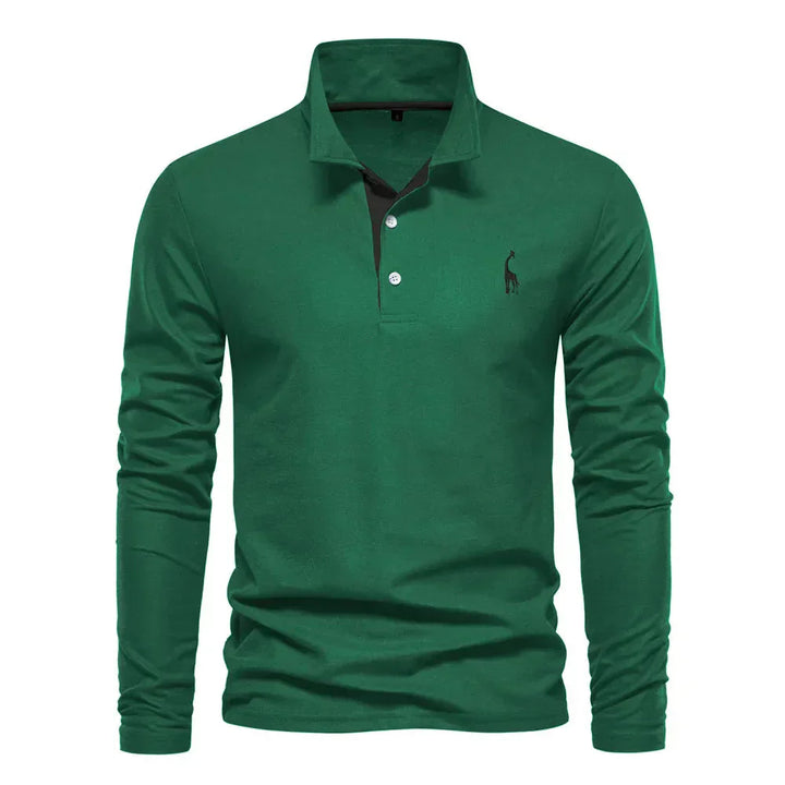 "Élégant polo à manches longues homme avec broderie, col classique, en coton respirant, coloris navy et orange."