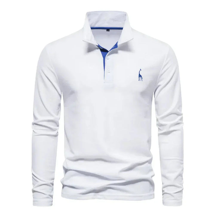 "Élégant polo à manches longues homme avec broderie, col classique, en coton respirant, coloris navy et orange."