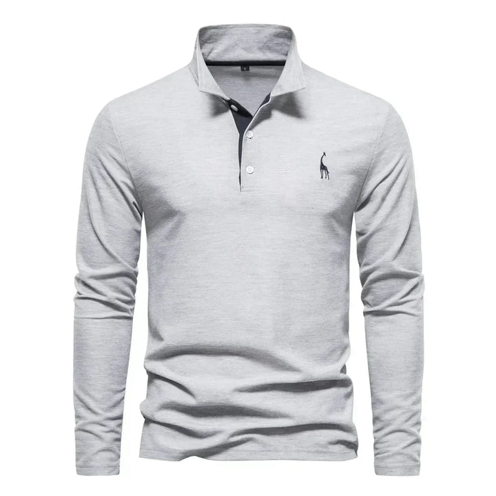 "Élégant polo à manches longues homme avec broderie, col classique, en coton respirant, coloris navy et orange."
