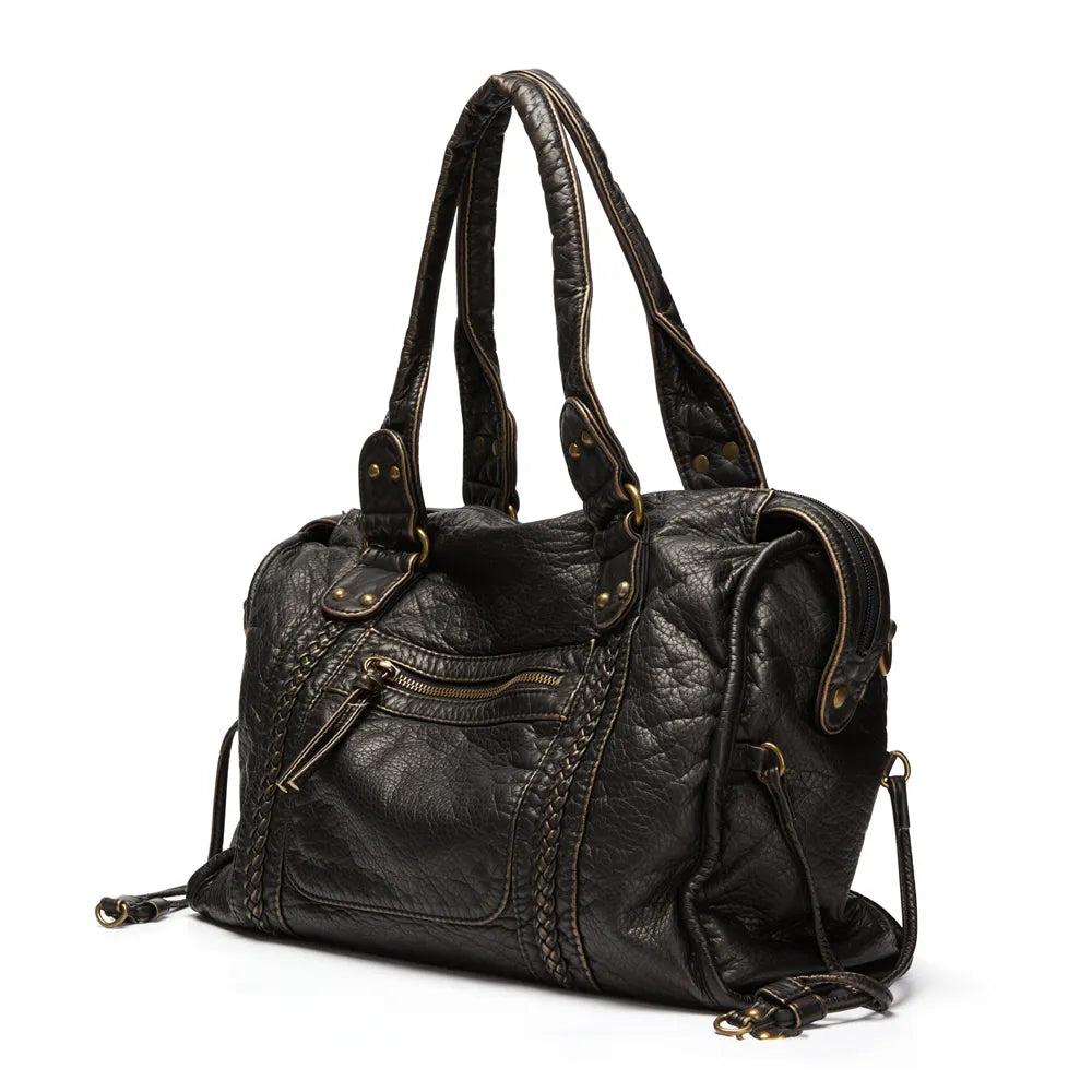 "Élégant sac à main noir en cuir véritable, chic et durable, idéal pour femmes, avec fermeture éclair et multiples compartime