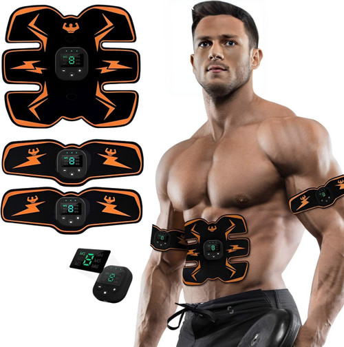 "EMS Electrostimulateur musculaire pour tonification, couleur bleu et orange, portable et facile à utiliser, 10 niveaux"