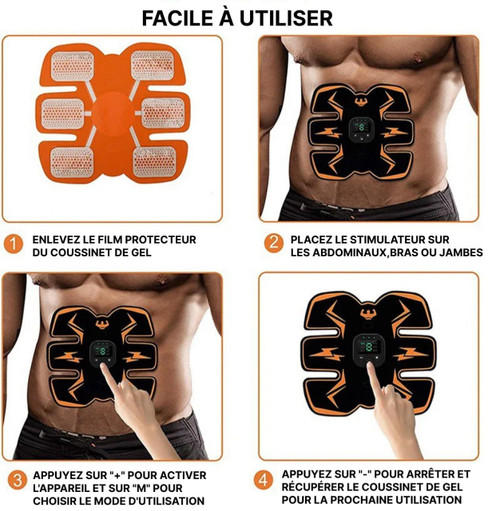 "EMS Electrostimulateur musculaire pour tonification, couleur bleu et orange, portable et facile à utiliser, 10 niveaux"