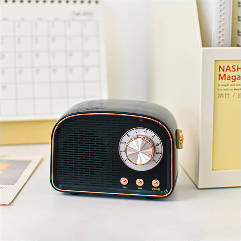 Enceinte Bluetooth vintage, son rétro, radio FM intégrée. Design compact et élégant.