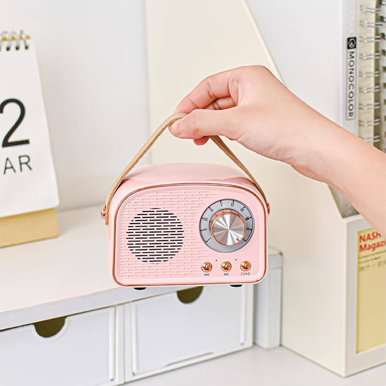 Enceinte Bluetooth vintage, son rétro, radio FM intégrée. Design compact et élégant.