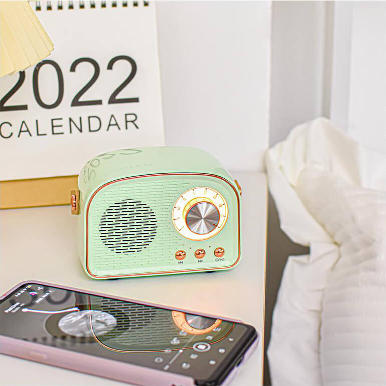 Enceinte Bluetooth vintage, son rétro, radio FM intégrée. Design compact et élégant.