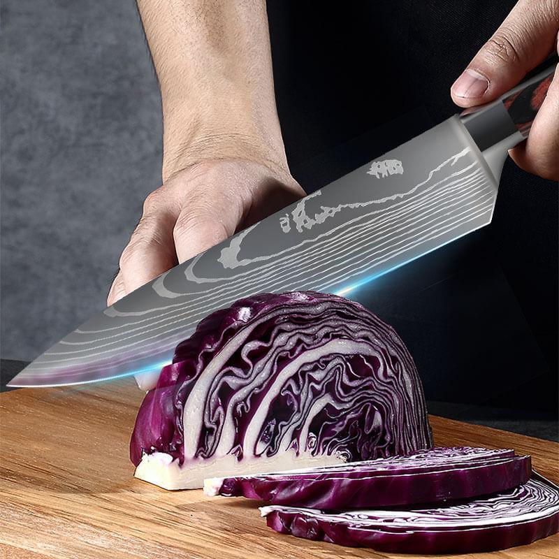 Ensemble 10 couteaux de chef, acier japonais, lames aiguisées, poignées ergonomiques.  Cuisine professionnelle.