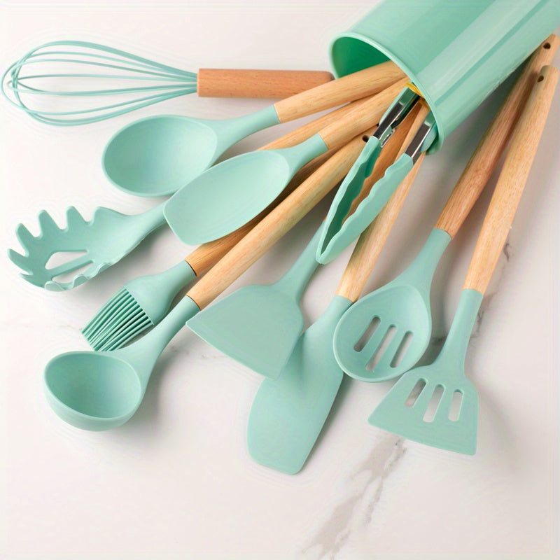 Ensemble 12 ustensiles cuisine silicone antiadhésifs.  Idéal pour mélanger, remuer.  Lavable au lave-vaisselle.