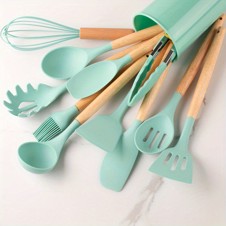 Ensemble 12 ustensiles cuisine silicone antiadhésifs.  Idéal pour mélanger, remuer.  Lavable au lave-vaisselle.