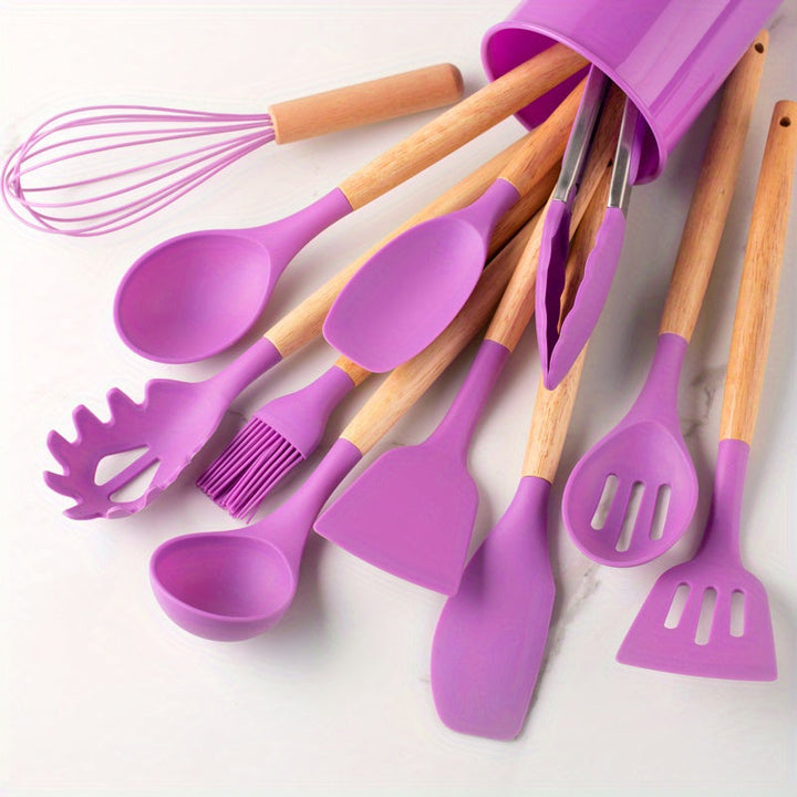 Ensemble 12 ustensiles cuisine silicone antiadhésifs.  Idéal pour mélanger, remuer.  Lavable au lave-vaisselle.