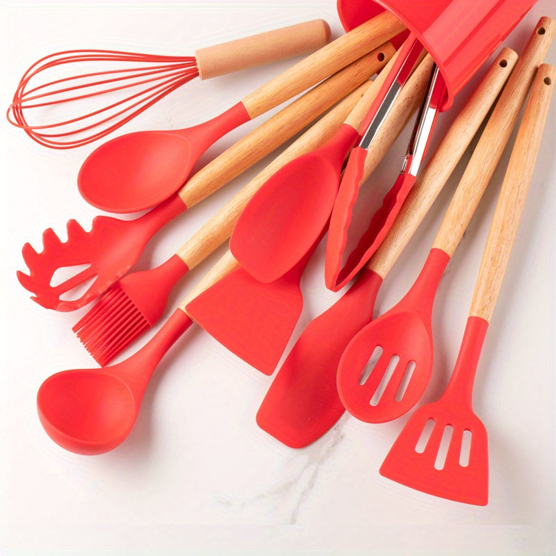 Ensemble 12 ustensiles cuisine silicone antiadhésifs.  Idéal pour mélanger, remuer.  Lavable au lave-vaisselle.