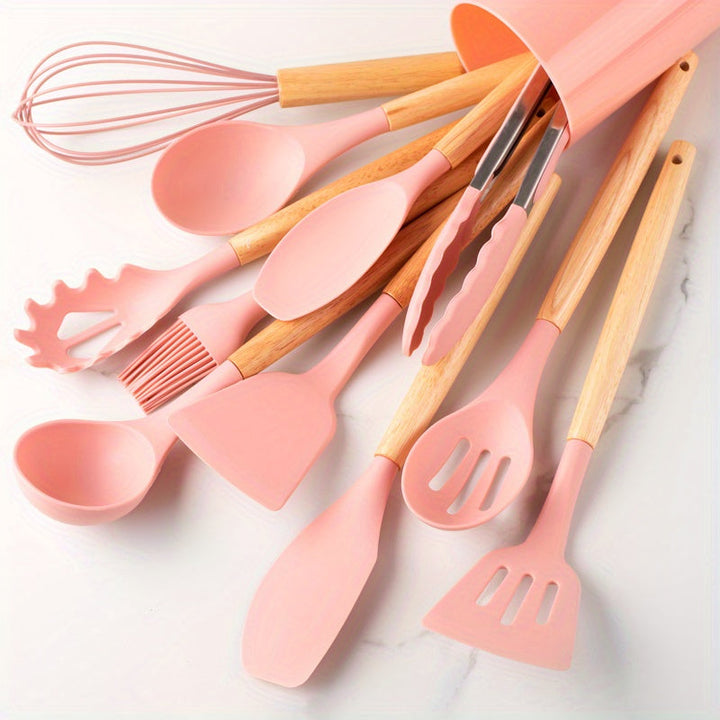Ensemble 12 ustensiles cuisine silicone antiadhésifs.  Idéal pour mélanger, remuer.  Lavable au lave-vaisselle.