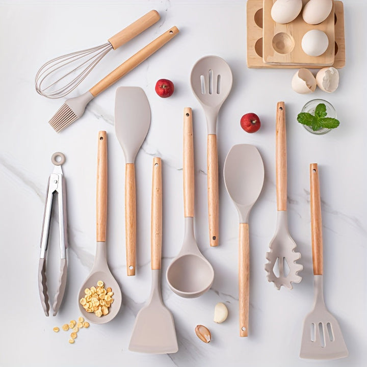 Ensemble 12 ustensiles cuisine silicone antiadhésifs.  Idéal pour mélanger, remuer.  Lavable au lave-vaisselle.