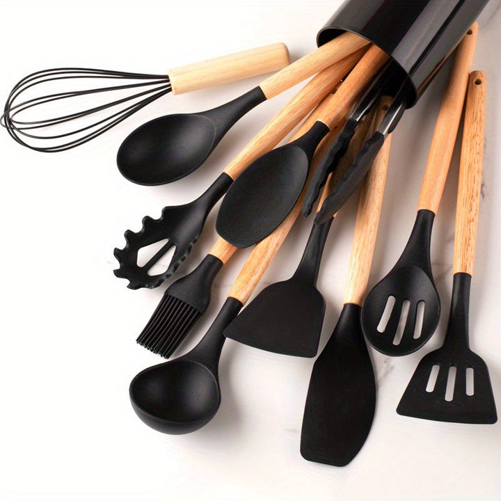 Ensemble 12 ustensiles cuisine silicone antiadhésifs.  Idéal pour mélanger, remuer.  Lavable au lave-vaisselle.