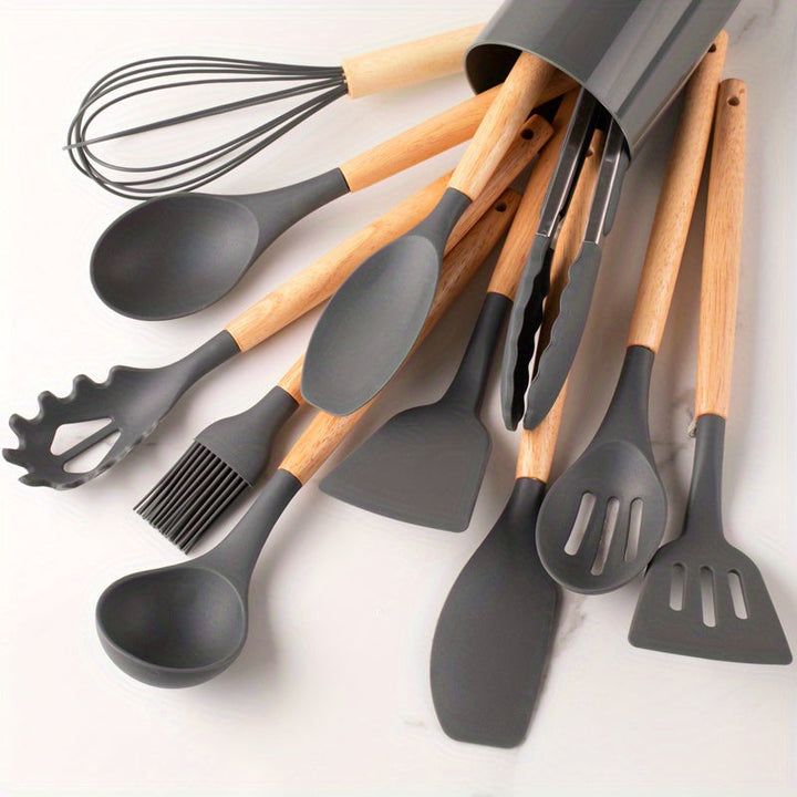 Ensemble 12 ustensiles cuisine silicone antiadhésifs.  Idéal pour mélanger, remuer.  Lavable au lave-vaisselle.