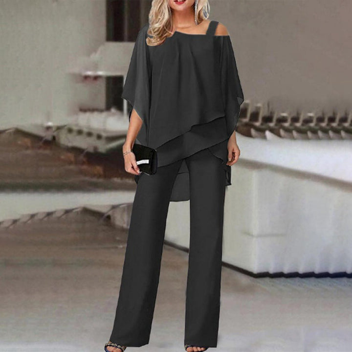 Ensemble pantalon et haut femme 2 pièces élégant, tenue chic en polyester pour vos soirées et cérémonies.