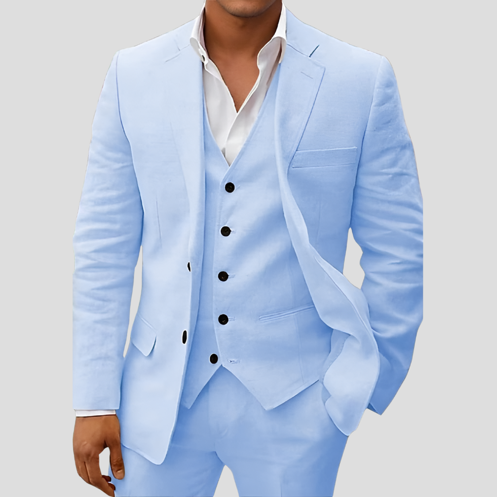 "Ensemble 3 pièces homme en lin beige, blazer, gilet, pantalon, élégance et confort en toute saison"